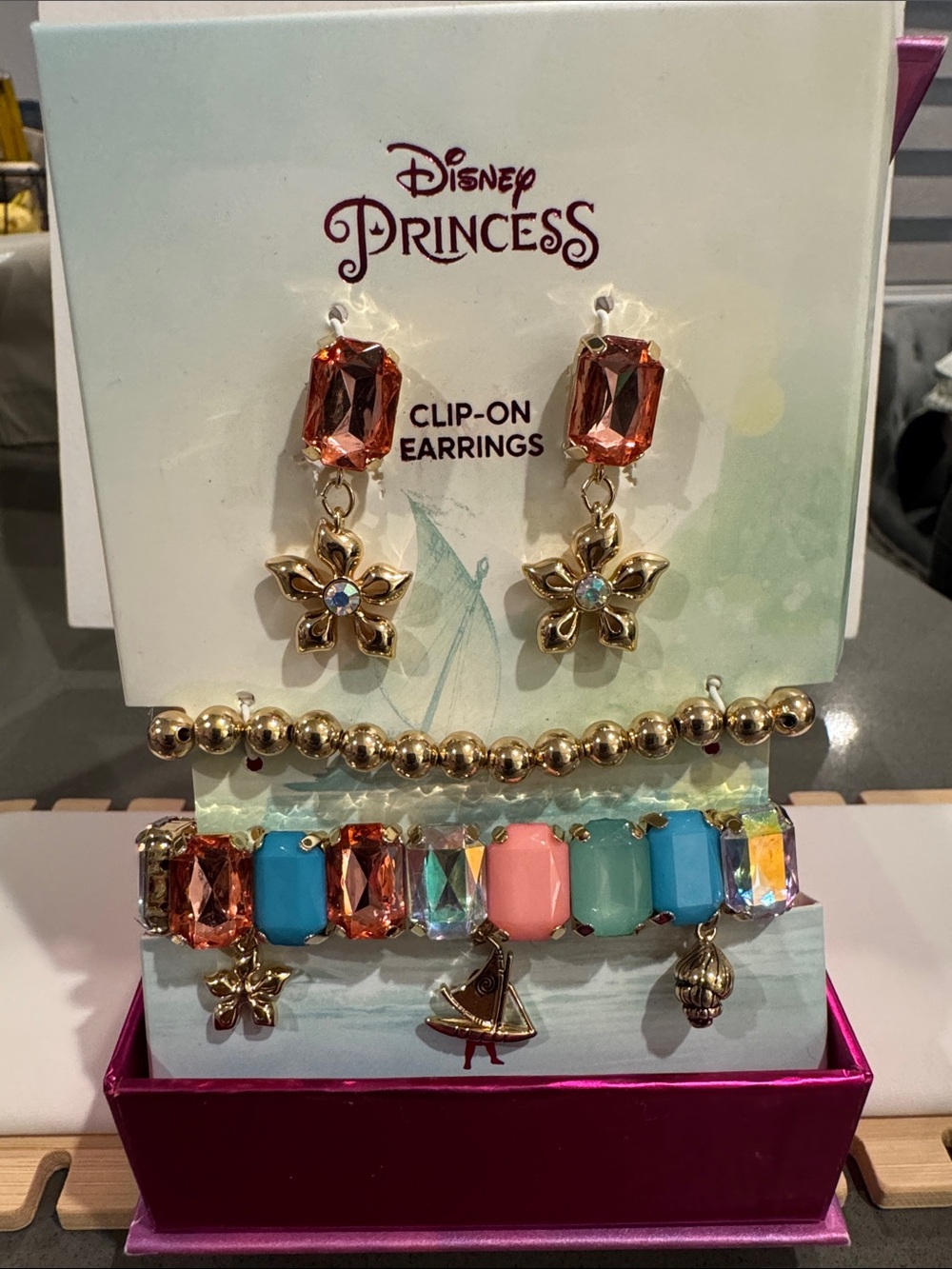 Disney Princess NWT Bracelet Ear Set Pink & Gold Clip-On Earrings